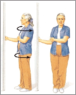 Woman standing facing doorway. One arm is bent, hand holding on to doorway. Other hand is across body holding bent elbow. Arrows show woman turning to side, continuing to hold doorway.